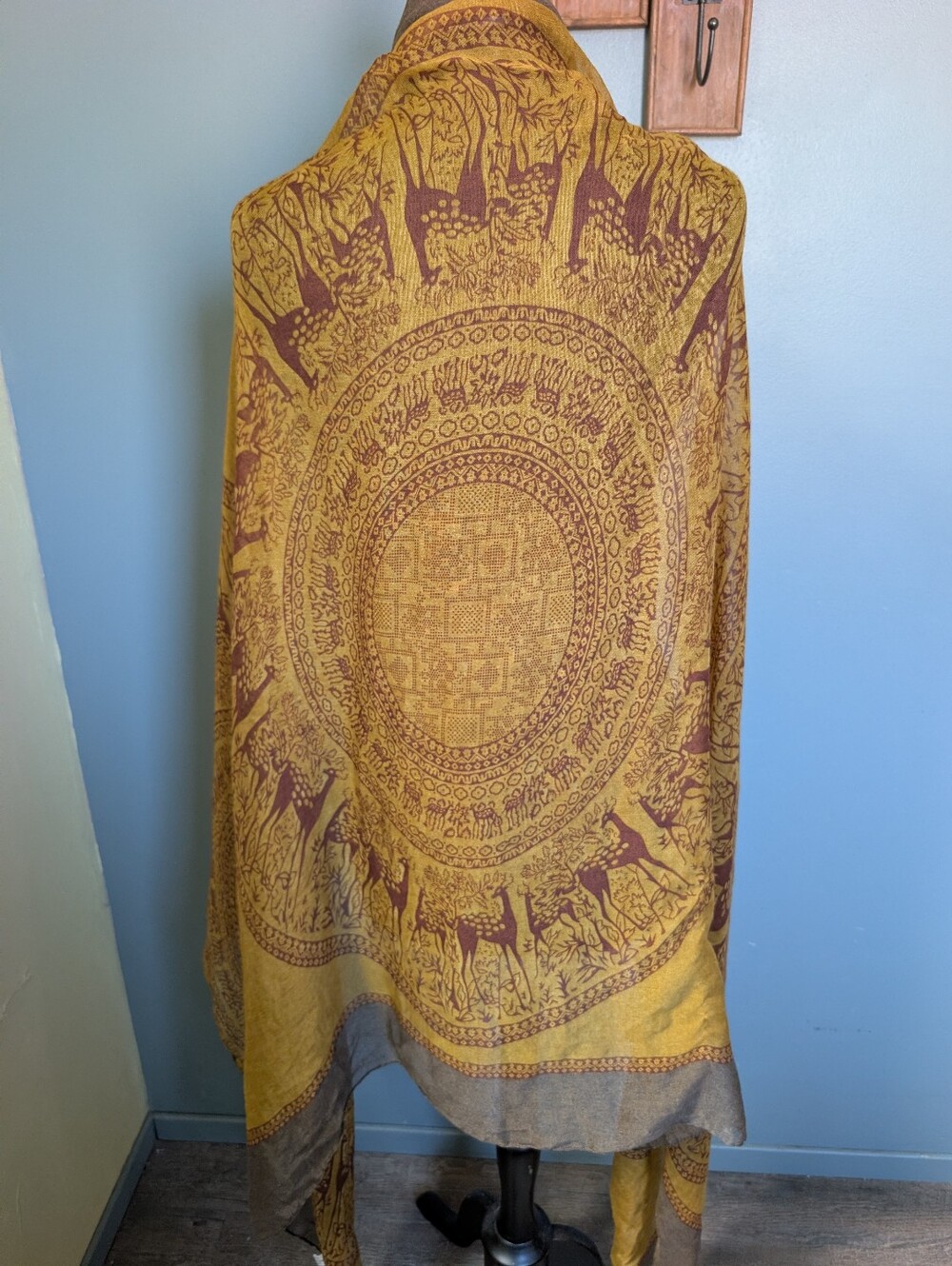 Celtic Tribal Gauze Scarf, Mustard and Brown Mandala Throw Wrap